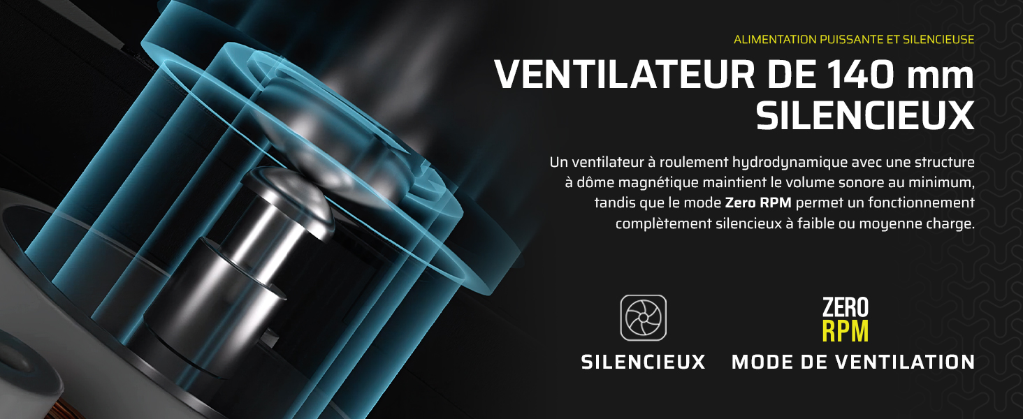 faible bruit ; ventilateur 140mm ; ventilateur psu à faible bruit ; dôme magnétique ;
