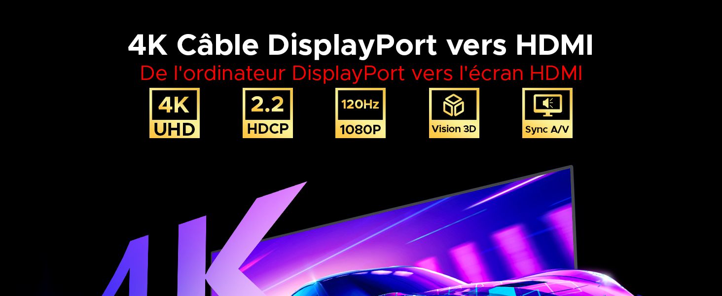 cable displayport vers hdmi display port hdmi pc pour la source DisplayPort vers l'écran HDMI