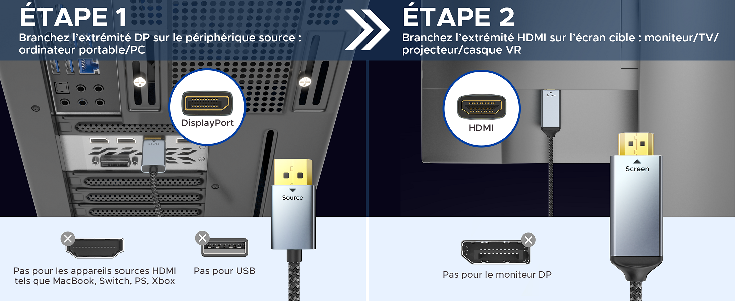 cable displayport vers hdmi display port hdmi pc pour la source DisplayPort vers l'écran HDMI